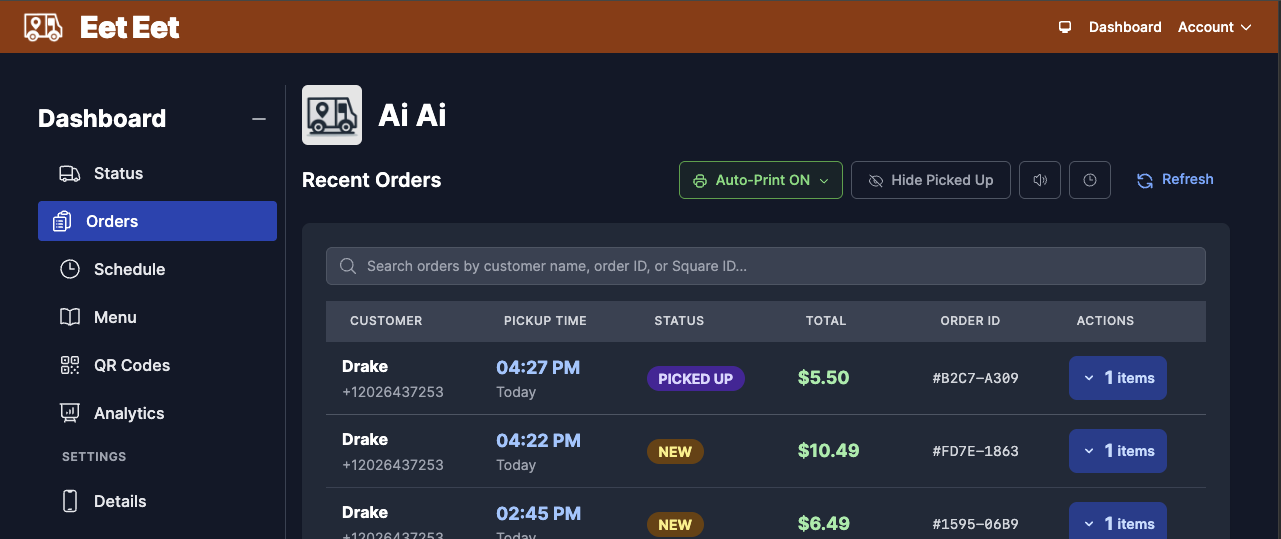 Vendor dashboard interface