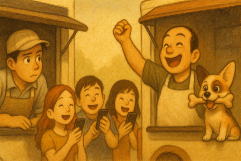 Food truck vendor celebrating with happy customers